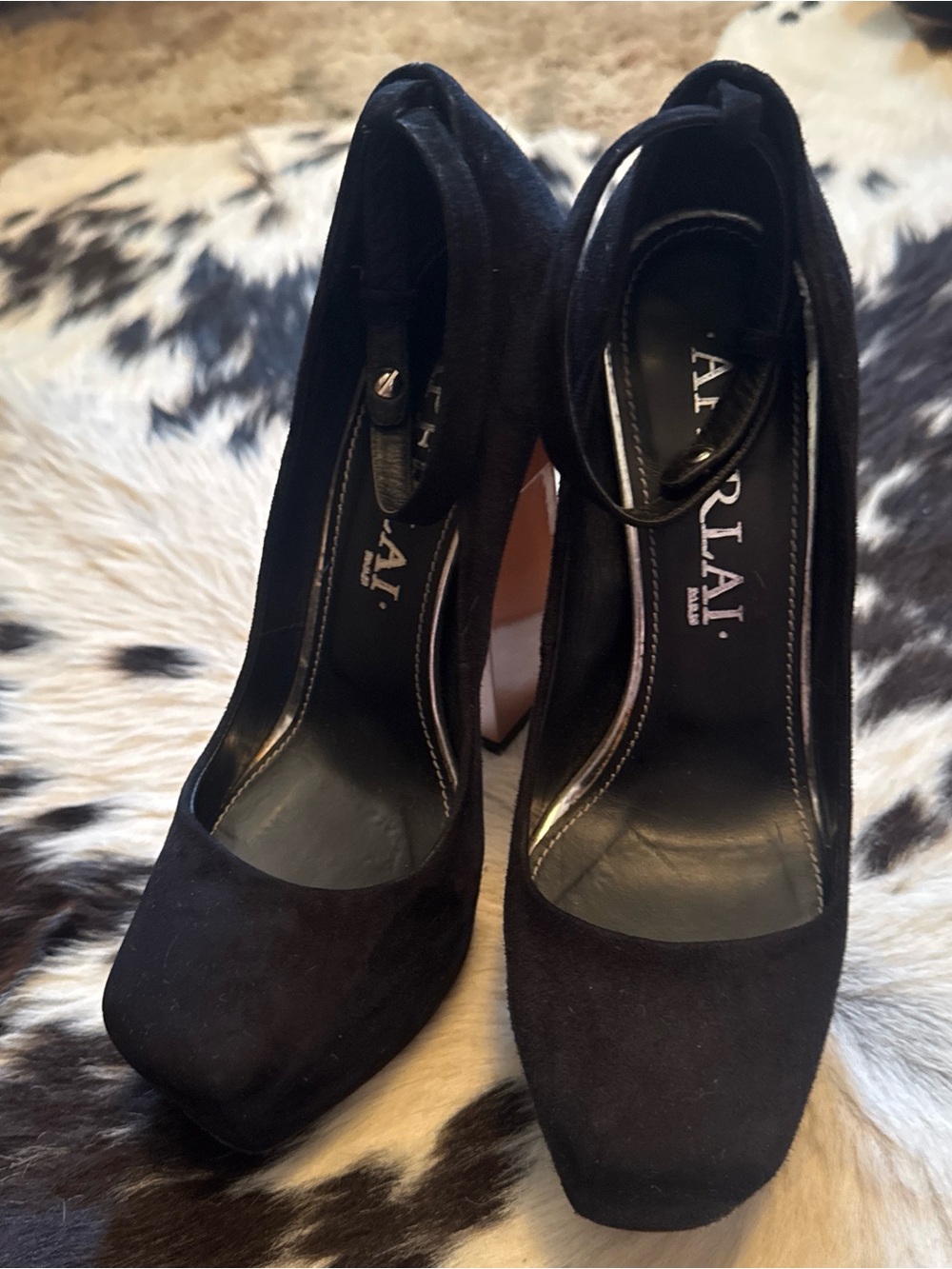 Aperlai Paris Black Suede Structural Heel Ankle-Strap Heels